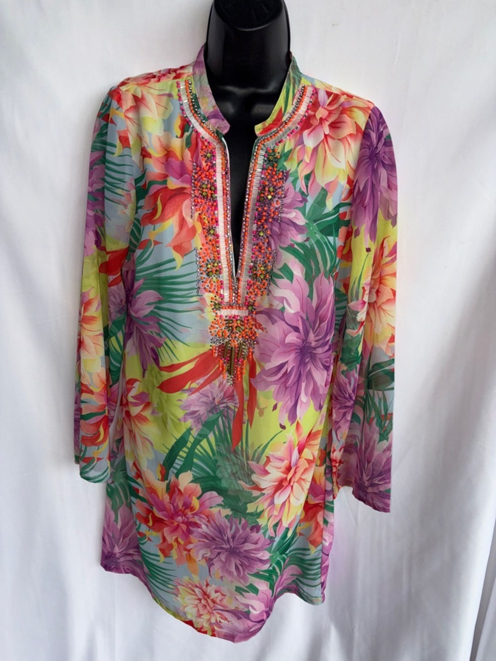 Boston Proper Floral Beaded Dress in Pink, Purple & Green, sz M, 20” PTP 34”L